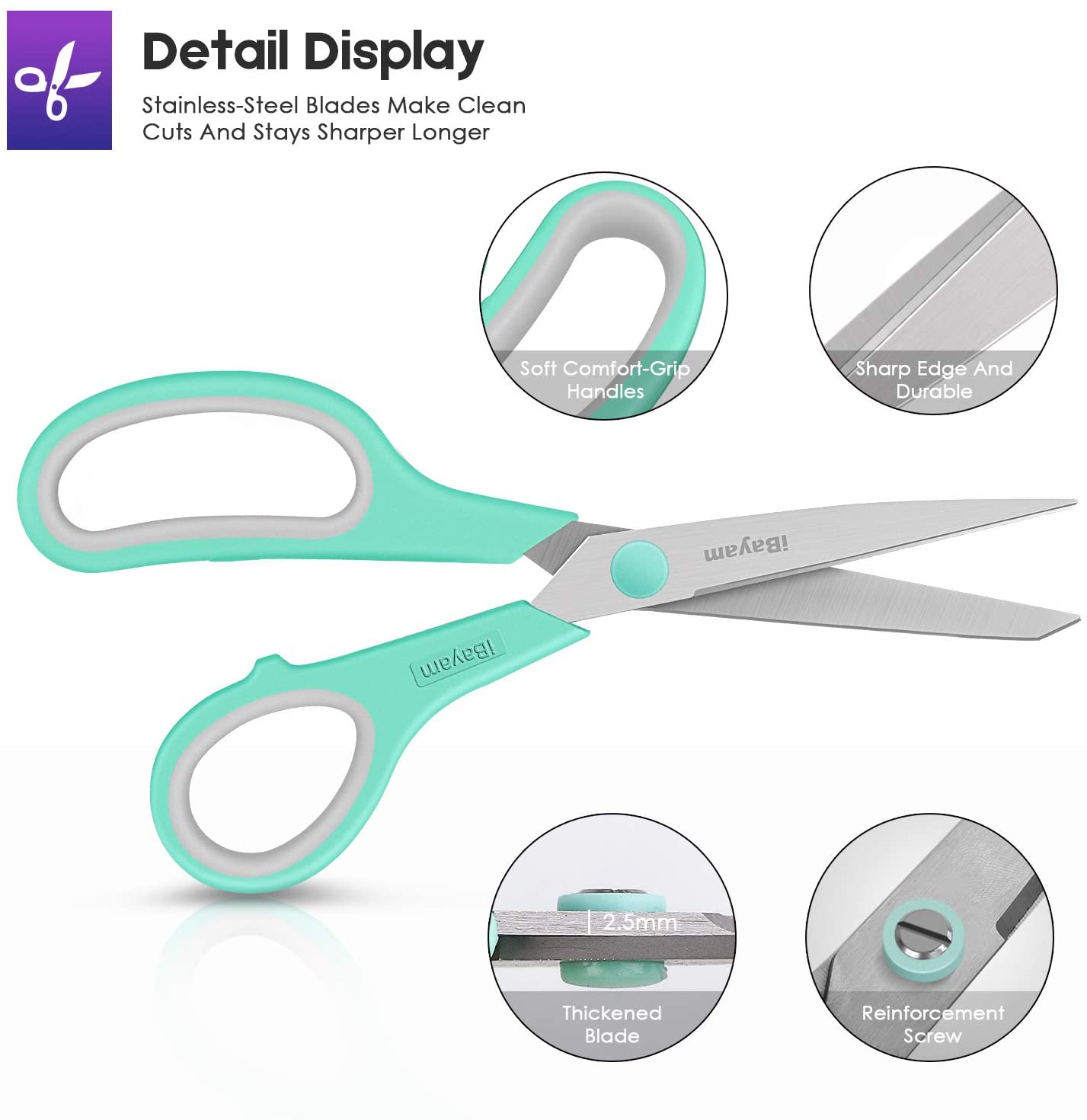 Scissors, iBayam 8" Multipurpose Scissors Bulk 3Pack, Ultra Sharp Blade Shears, ComfortGrip