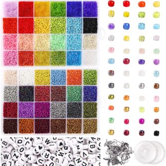 UOONY 35000 pcs Bracelet Beads for Jewelry Making Kit, Bead Craft Kit Set, 2mmGlass Seed Letter Alphabet Beads DIY Art and Craft with 2 Rolls of Elastic String Cord and 10 Charms and Rings